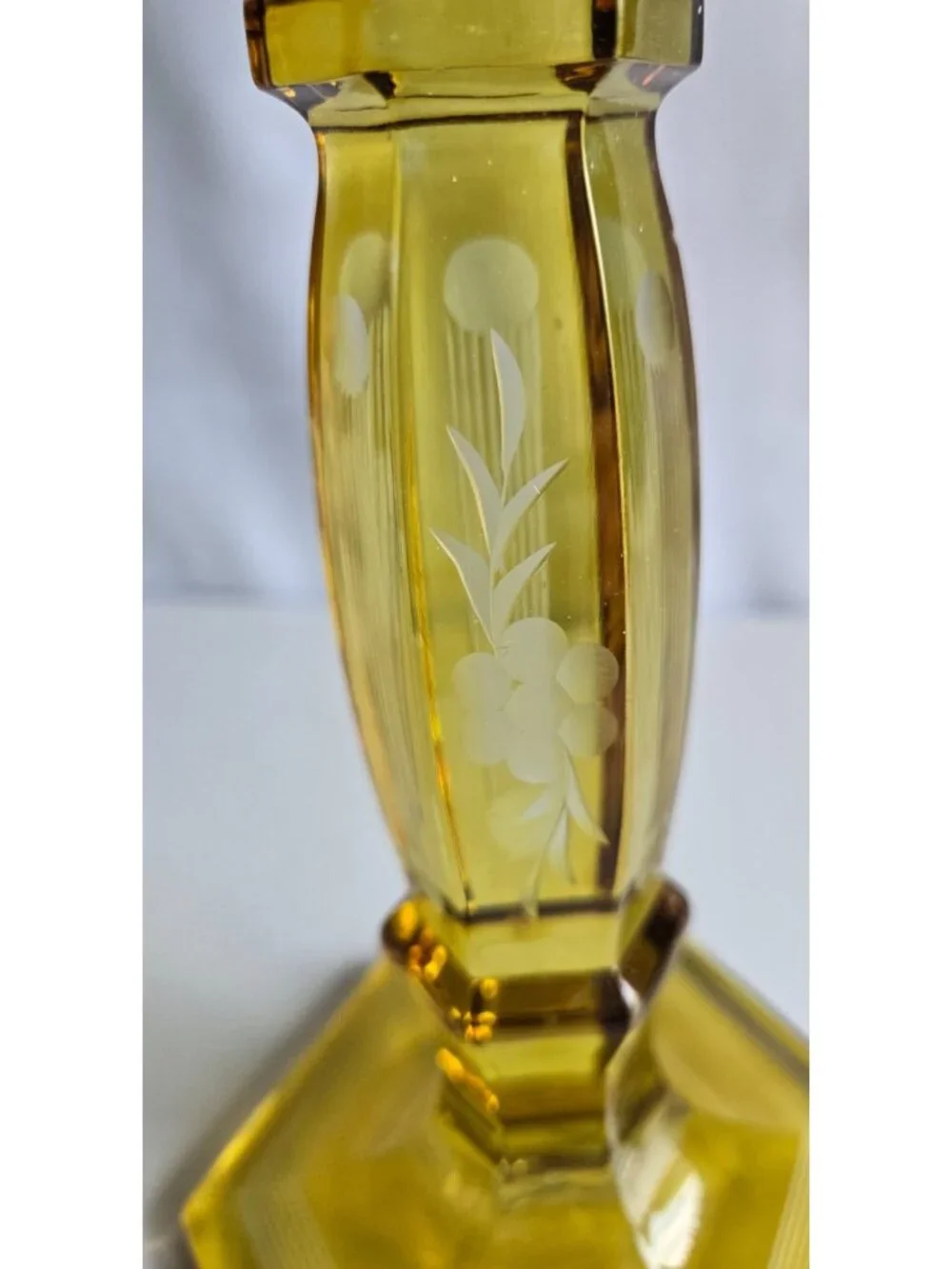 Vtg Vaseline Uranium Glass Etched 2 Patterns 9 Inches High Candle Stick Holder